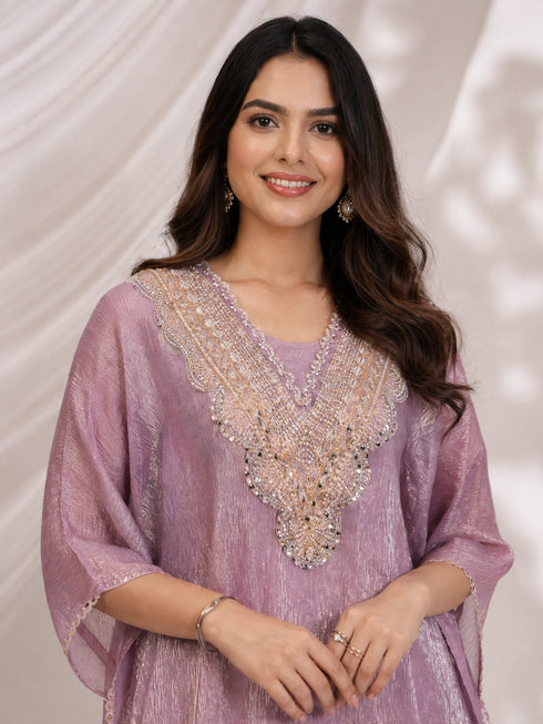 Elegant Purple Kaftan and Pants Set with Embellished Neckline