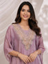 Elegant Purple Kaftan and Pants Set with Embellished Neckline