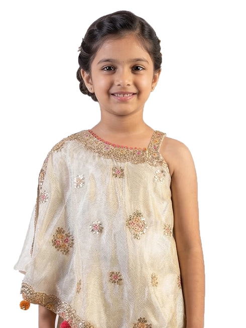fawn embellished ethnic co ord set for girls with cape style top and pants tissue silk festive wear