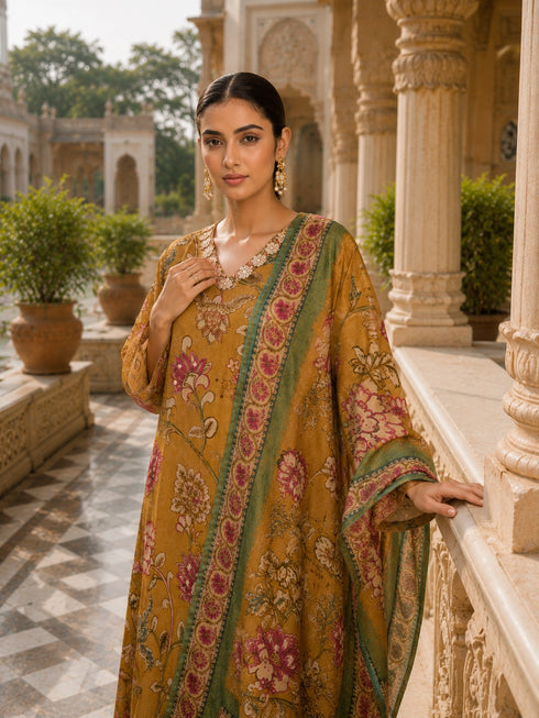 Elegant Mustard Floral Print Kurta Set with Matching Pants and Dupatta