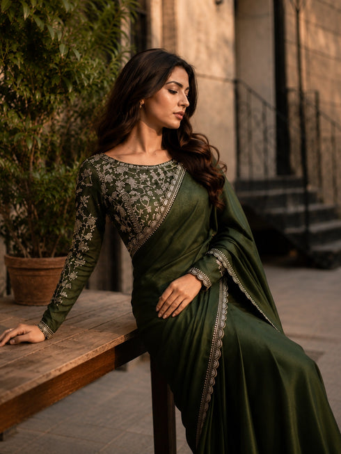 Emerald Green Embroidered Designer Saree with Elegant Blouse