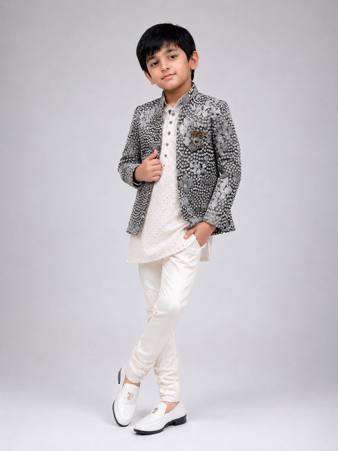 Boys Pista Printed Indo-Western Jacket Set with Cream Kurta & Pajama