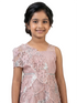 peach embellished party gown for girls with floral lace design crepe satin kids dress