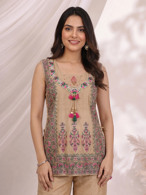 Beige Printed Kurti Set with Embroidered Neckline & Kurti Pants