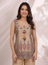 Beige Printed Kurti Set with Embroidered Neckline & Kurti Pants