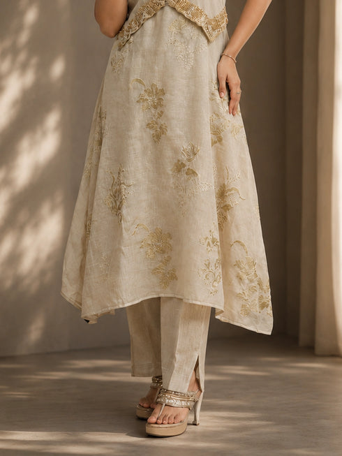 Beige Embroidered A-Line Kurta Set with Straight Pants