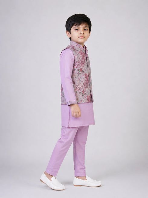 Lavender Printed Kurta Set with Nehru Jacket for Boys – Festive Ethnic Wear