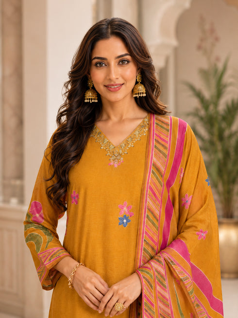Vibrant Mustard Floral Print Kurta Set with Palazzo Pants
