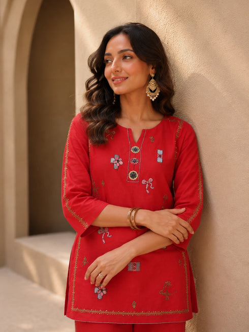 Vibrant Red Embroidered Kurta and Pants Set