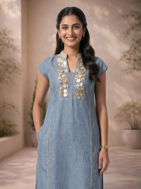 Blue Embellished Kurti with Pants for Women – Linen Blend Ethnic Wear