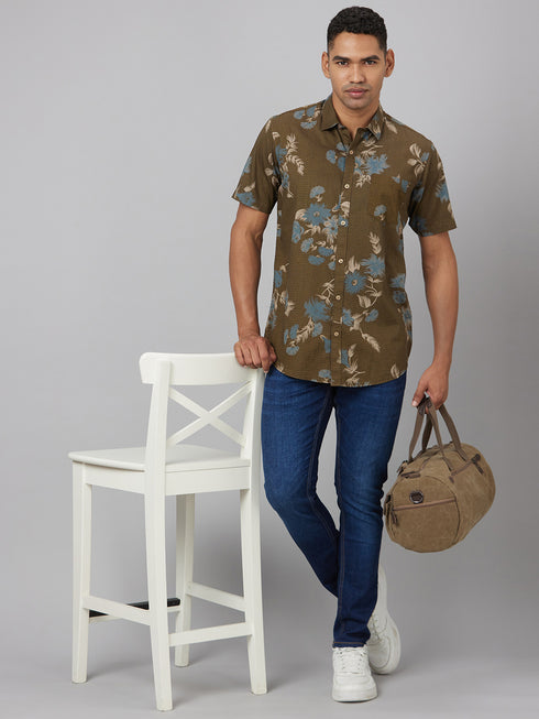 Men Olive Floral Print Sustainable Casual Shirt