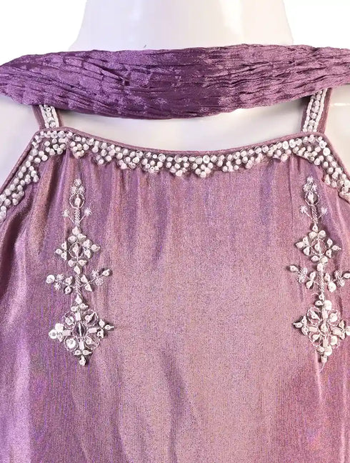 purple embroidered co ord set for girls with dupatta and pants organza silk festive kids outfit