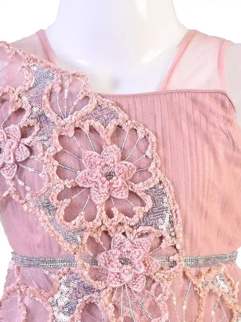 peach embellished party gown for girls with floral lace design crepe satin kids dress