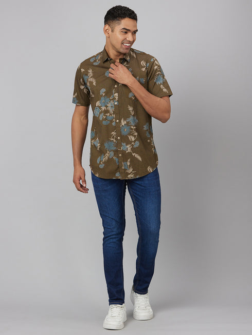 Men Olive Floral Print Sustainable Casual Shirt