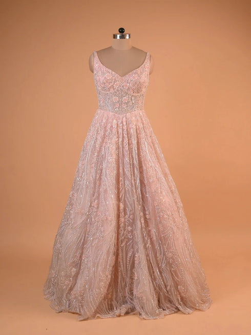 Blush Pink Sequin Embroidered A-Line Gown