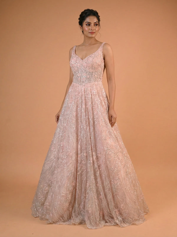 Blush Pink Sequin Embroidered A-Line Gown