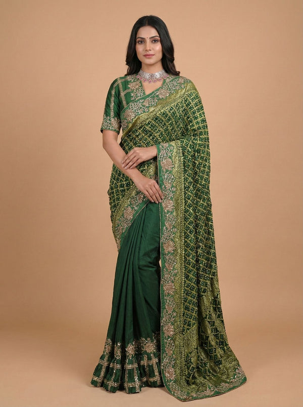 Bottle Green Banarasi Style Woven Saree with Heavy Gold Zari Work