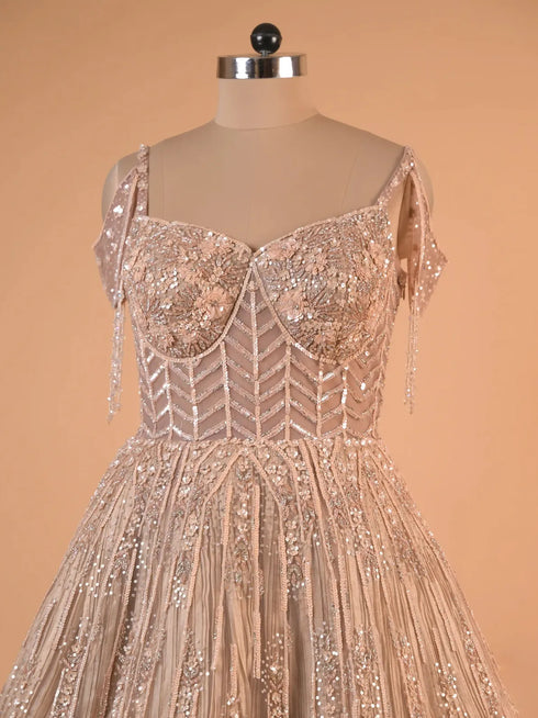 Champagne Off-Shoulder Crystal Embellished Gown