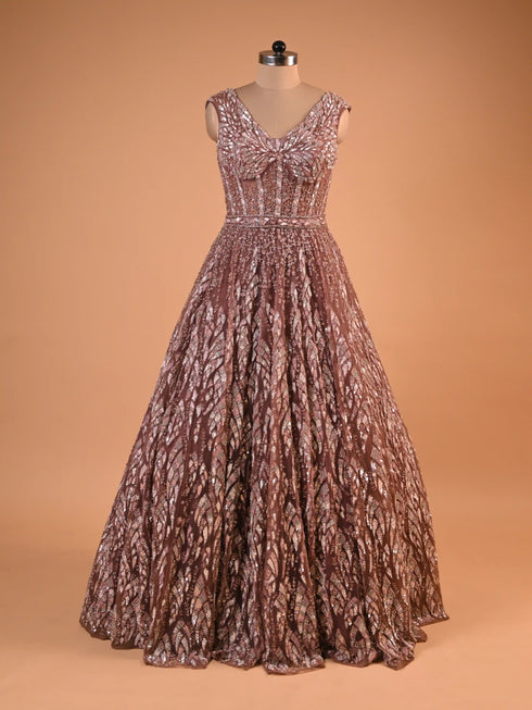 Copper Bronze Sequin Designer Gown (V-Neck)
