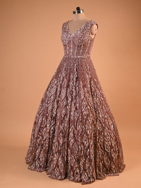 Copper Bronze Sequin Designer Gown (V-Neck)