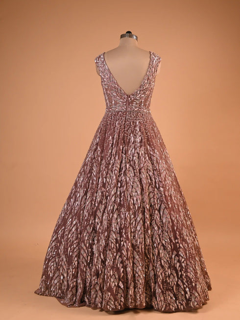 Copper Bronze Sequin Designer Gown (V-Neck)