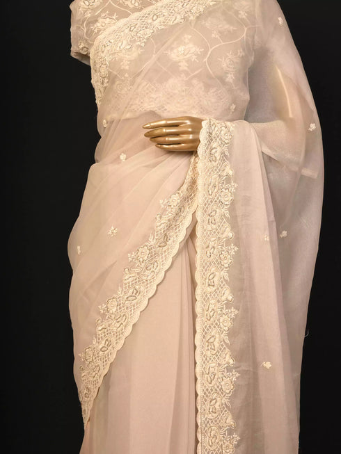 Cream Saree with Pearl & Resham Embroidery