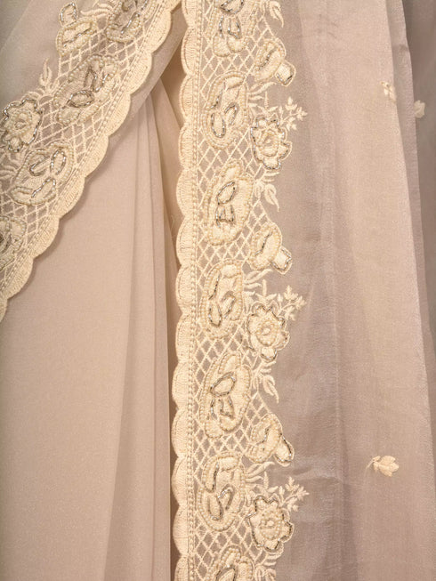 Cream Saree with Pearl & Resham Embroidery