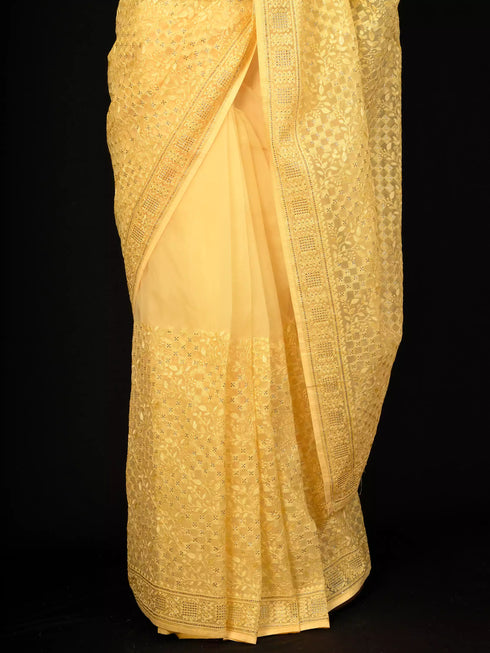 Lakhnavi Embroidered Yellow Saree