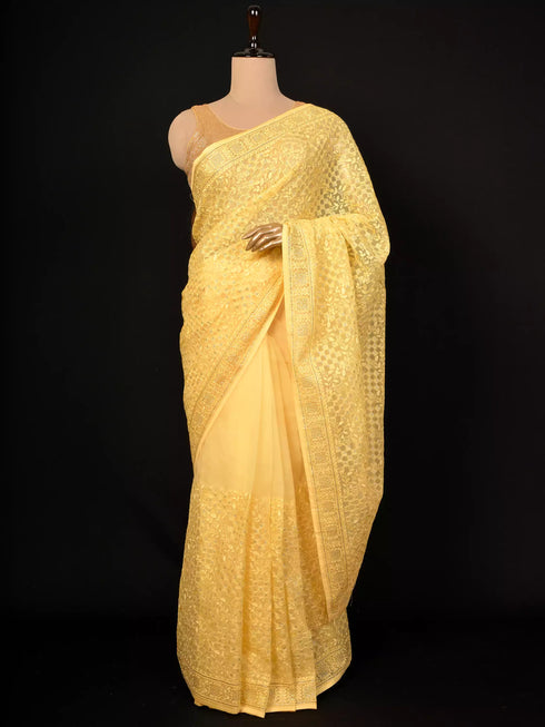 Lakhnavi Embroidered Yellow Saree