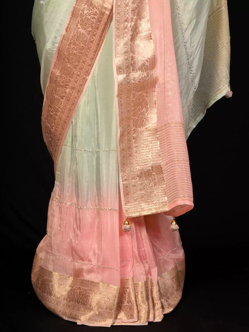 Pink Saree with Sequin Work & Kanjivaram Border