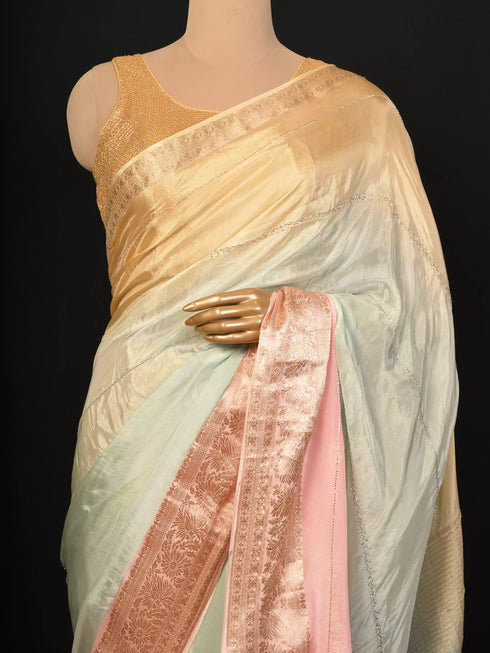 Pink Saree with Sequin Work & Kanjivaram Border