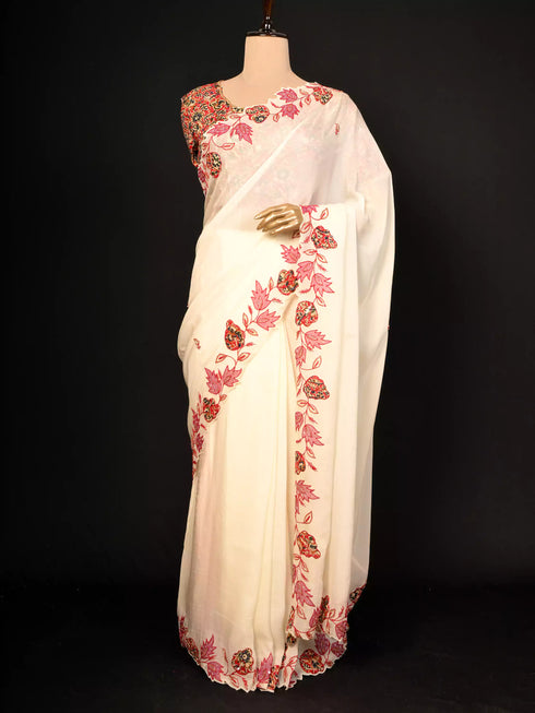 Cream Saree with Patch & Thread Embroidery