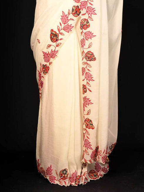 Cream Saree with Patch & Thread Embroidery