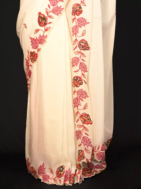 Cream Saree with Patch & Thread Embroidery