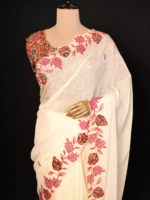 Cream Saree with Patch & Thread Embroidery