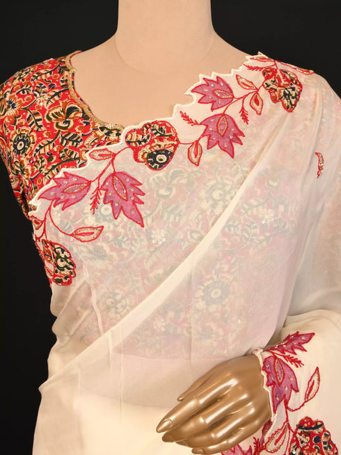 Cream Saree with Patch & Thread Embroidery