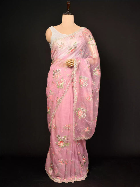 Purple Saree with Zari, Moti & Sequin Embroidery