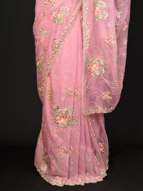 Purple Saree with Zari, Moti & Sequin Embroidery