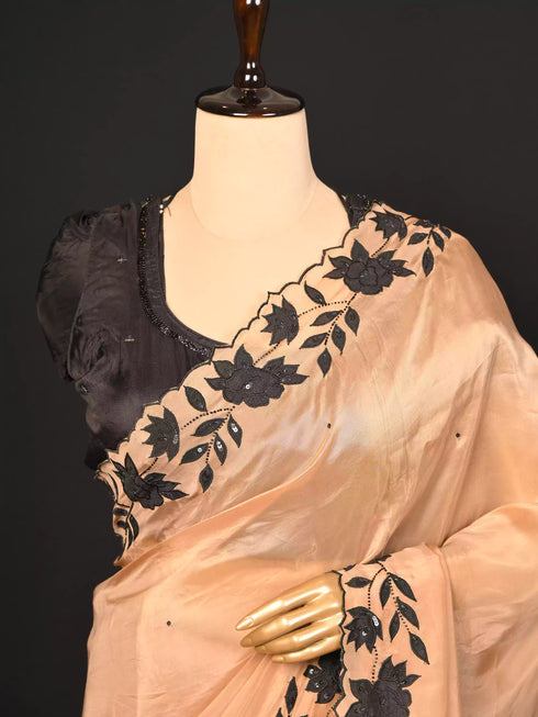 Brown Saree With Kardana & Patch Work