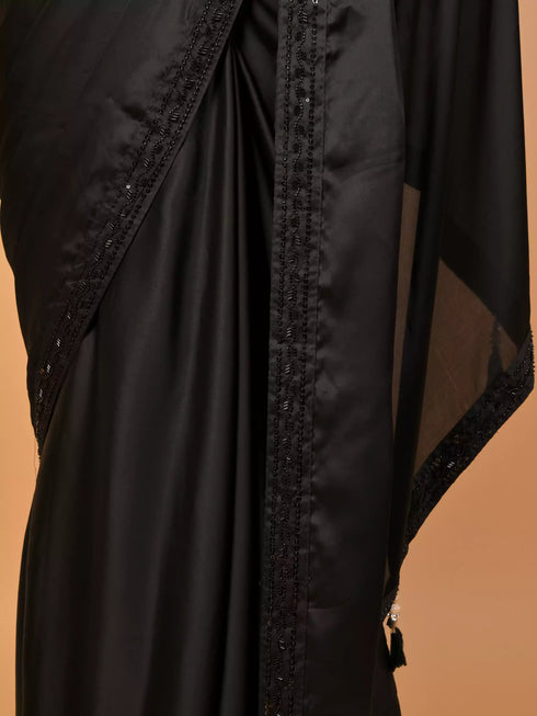 Black Saree With Cut Pipe & Kardana Work