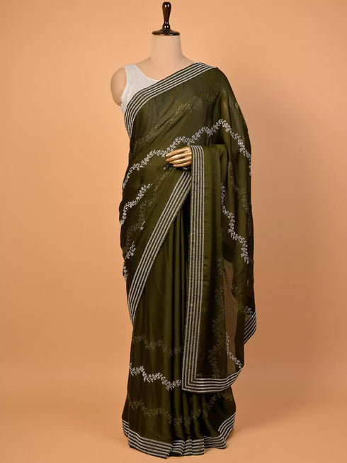 Pearl & Thread Work Mehndi Color Saree