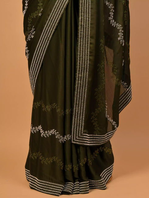 Pearl & Thread Work Mehndi Color Saree