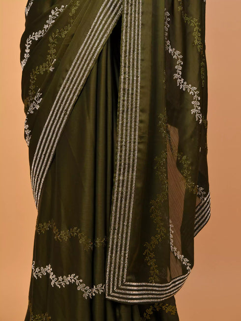 Pearl & Thread Work Mehndi Color Saree