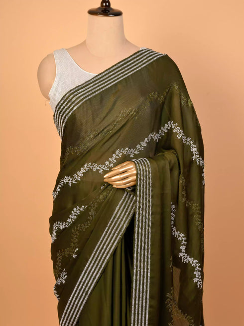 Pearl & Thread Work Mehndi Color Saree