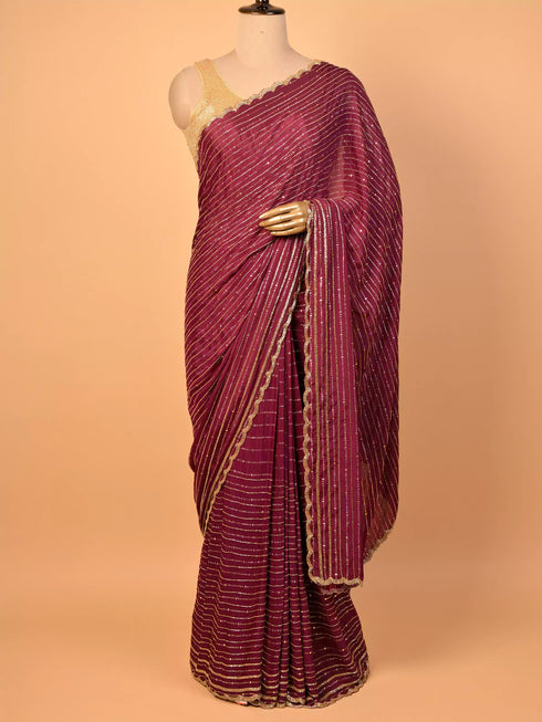 Wine Saree With Moti & Kardana Work