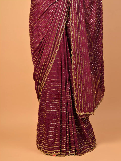 Wine Saree With Moti & Kardana Work