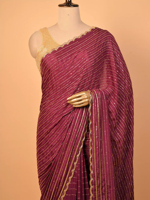 Wine Saree With Moti & Kardana Work