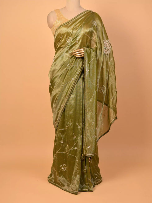 Moti & Sequin Work Green Saree