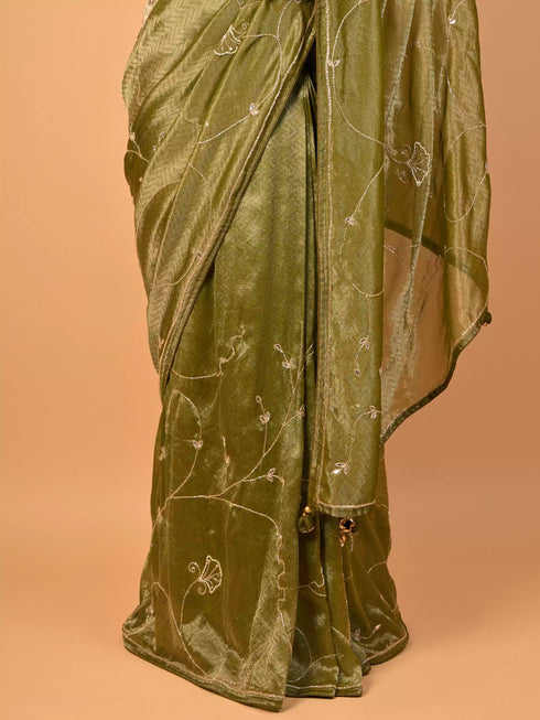 Moti & Sequin Work Green Saree