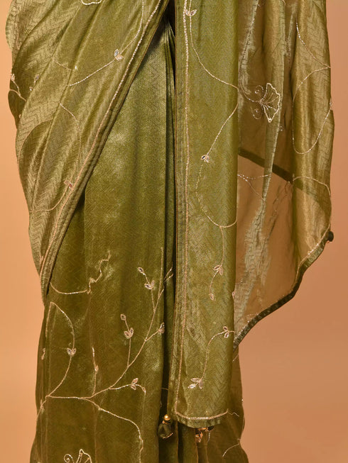 Moti & Sequin Work Green Saree